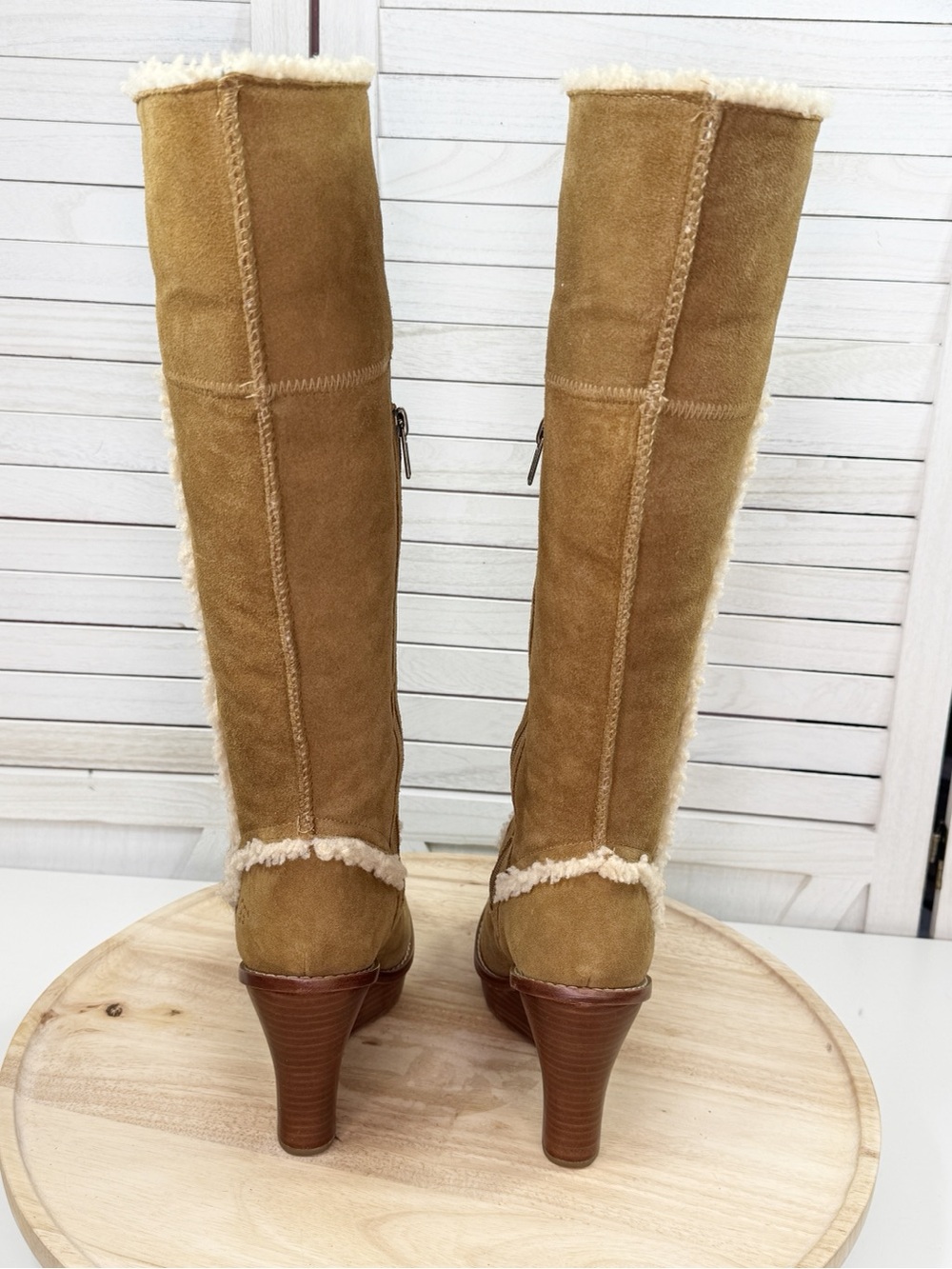 Ugg Aubrie Suede Shearling Wedge Heel Knee High Boots Tan 7.5 Boho Retro - Picture 5 of 12